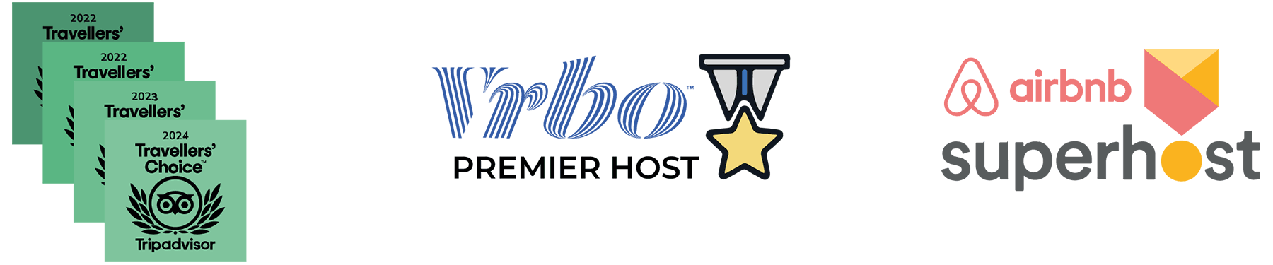 Awards for White Villas: TripAdvisor Travellers' Choice, Airbnb Superhost, and VRBO Premier Host