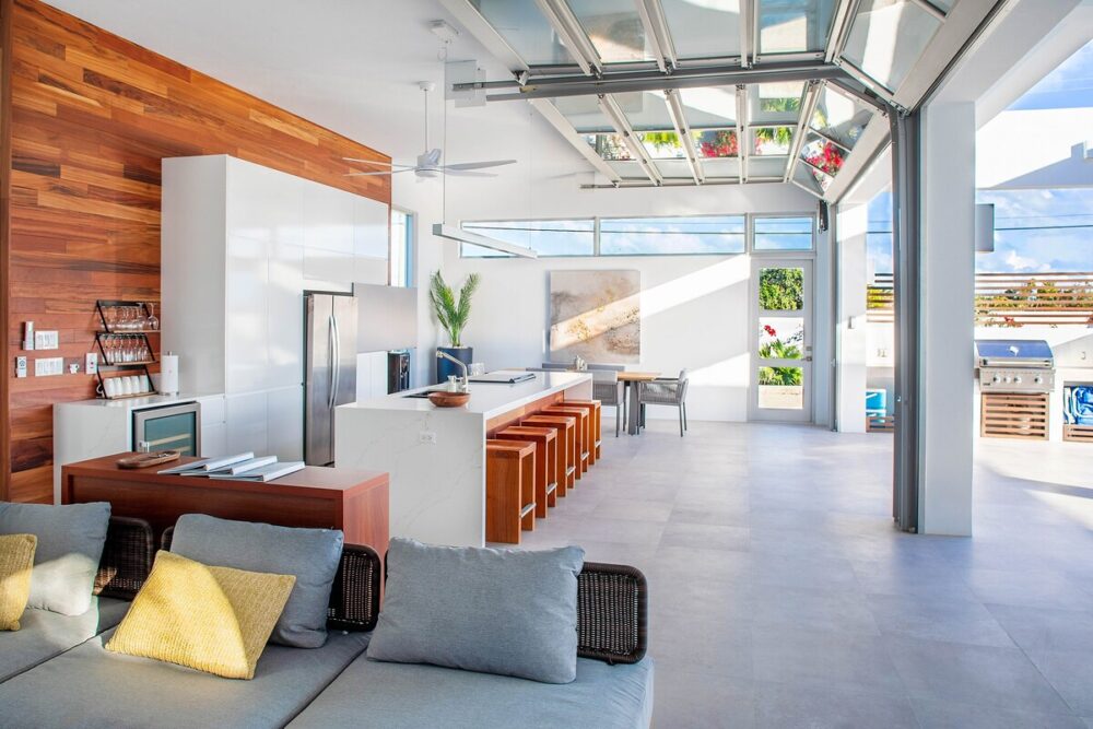 Optimal Indoor-outdoor living... when the 2 15-foot garage doors are open.