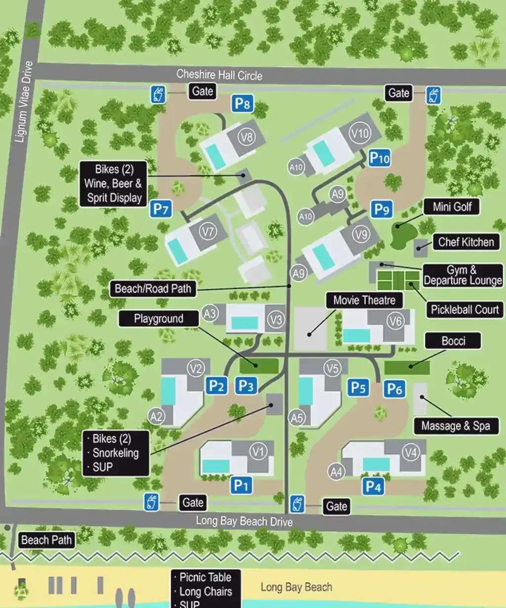 Map of the White Villas compound showing villas V1–V10, parking P1–P10, gates, shared amenities (gym