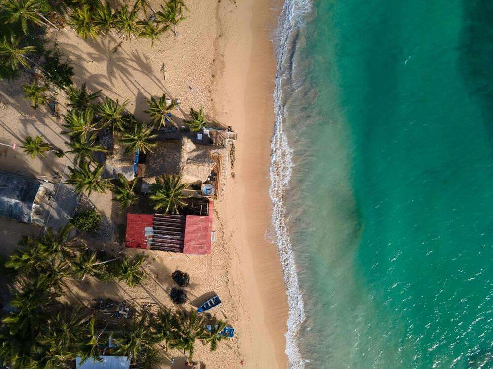 Stunning aerial shot of a secluded beach in Dominican Republic, featuring turquoise waters and palm 