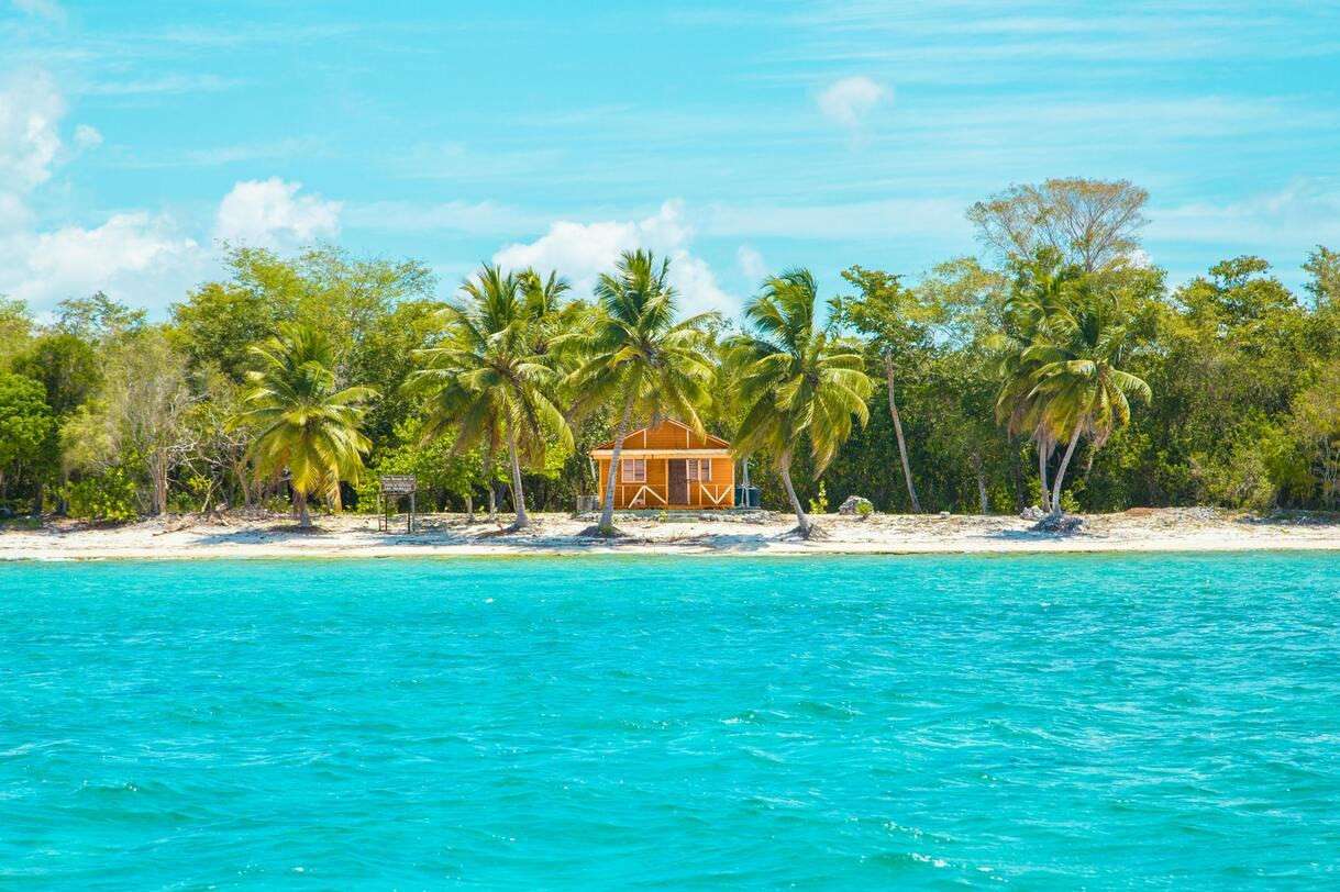 Idyllic cabin on a tropical beach in La Altagracia, Dominican Republic, surrounded by palm trees and