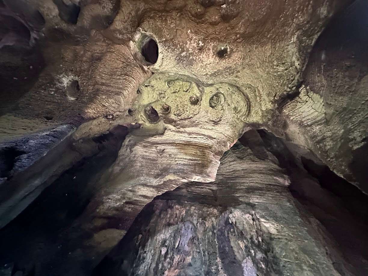 Indian Cave interior showing natural skylights and rock formations