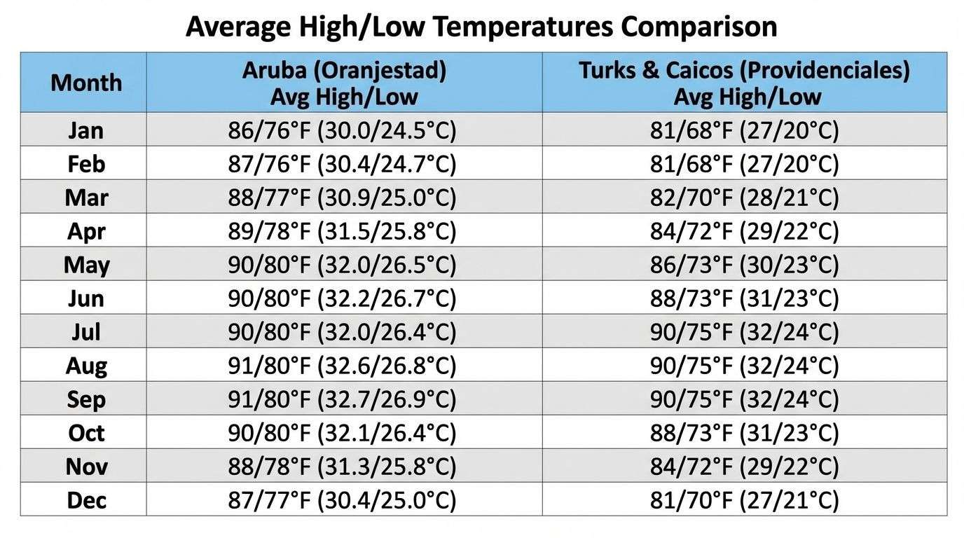 Monthly Average Temperatures: Aruba vs. Turks & Caicos (Oranjestad vs. Providenciales)