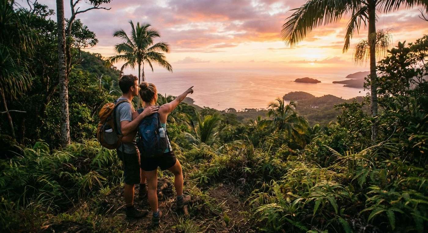 Couple hiking in the sunset 