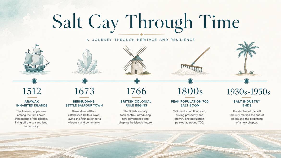 Timeline of Salt Cay history showing 1512 Arawak, 1673 Bermudian settlement, 1766 British colonial rule, 1800s salt boom peak, and 1930s to 1950s end of salt industry