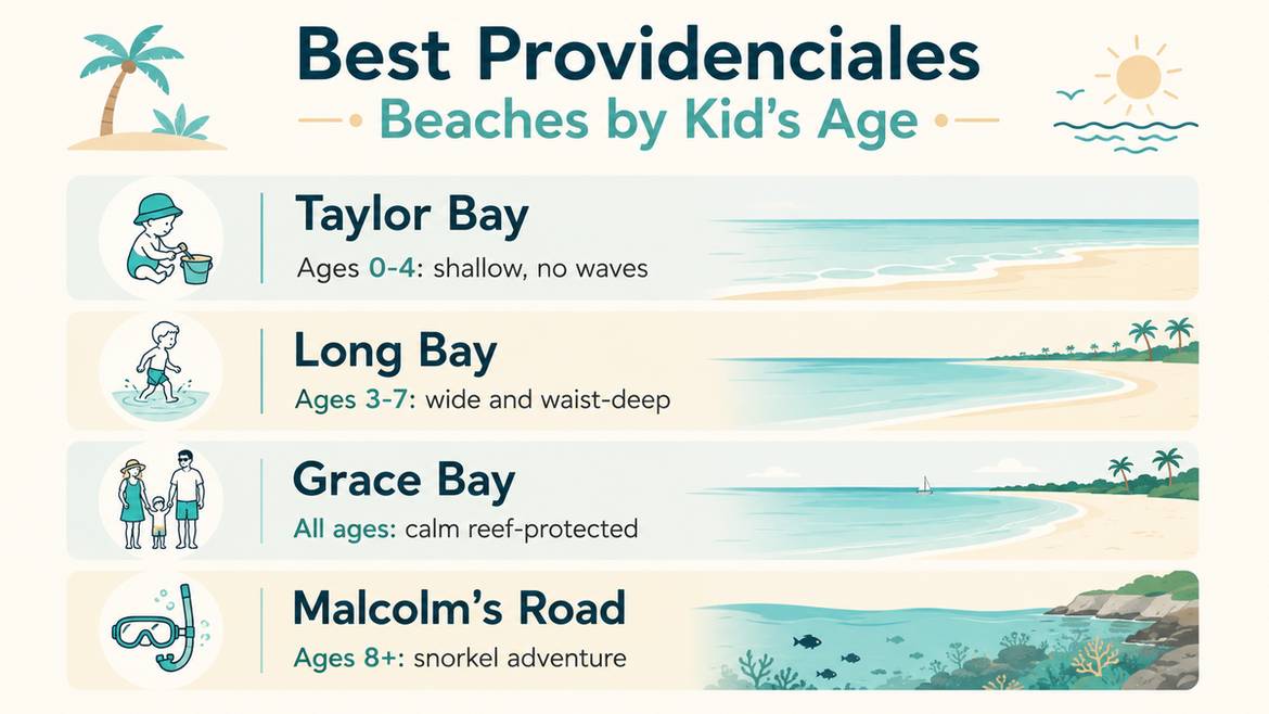 Infographic: best Providenciales beaches by kid's age, including Taylor Bay, Long Bay, Grace Bay, and Malcolm's Road