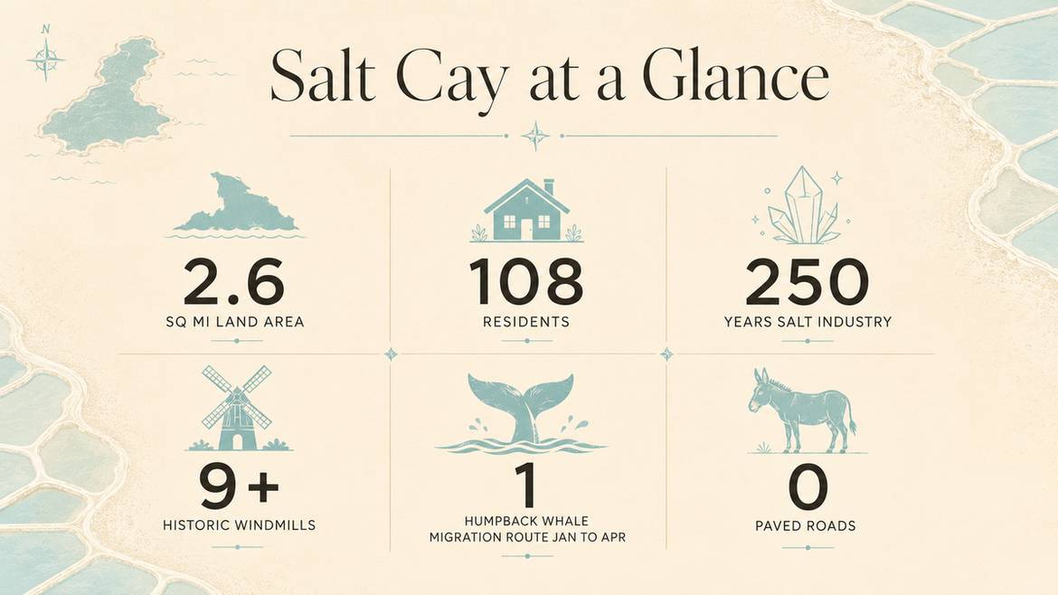 Salt Cay at a glance: 2.6 sq mi land area, 108 residents, 250 years of salt production, 9 historic windmills, humpback whale migration from January to April, and zero paved roads