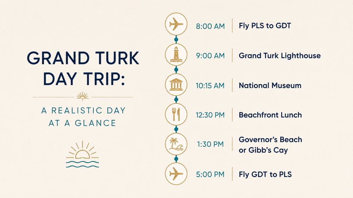 Grand Turk day trip timeline infographic showing an 8 AM flight to Grand Turk through a 5 PM return to Providenciales