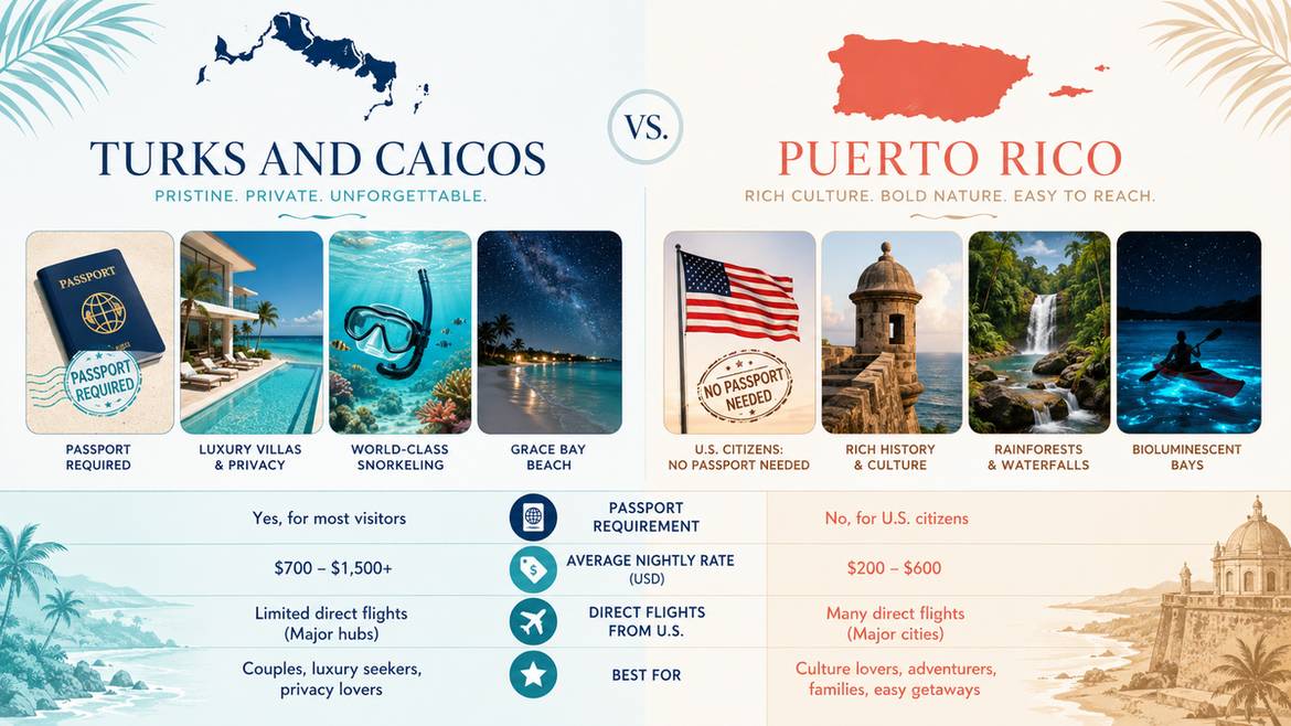 Side-by-side infographic comparing Turks and Caicos and Puerto Rico for Caribbean travelers