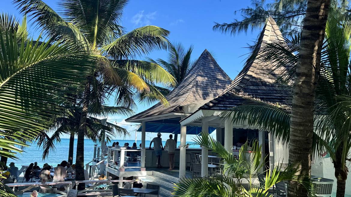 Da Conch Shack's beachfront bar under the palms in Blue Hills, Providenciales