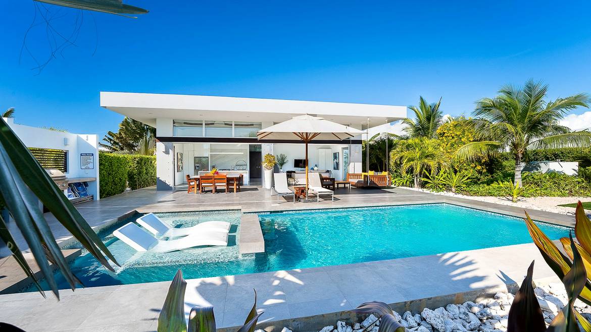 A private pool and terrace at a White Villas villa near Long Bay Beach, Providenciales