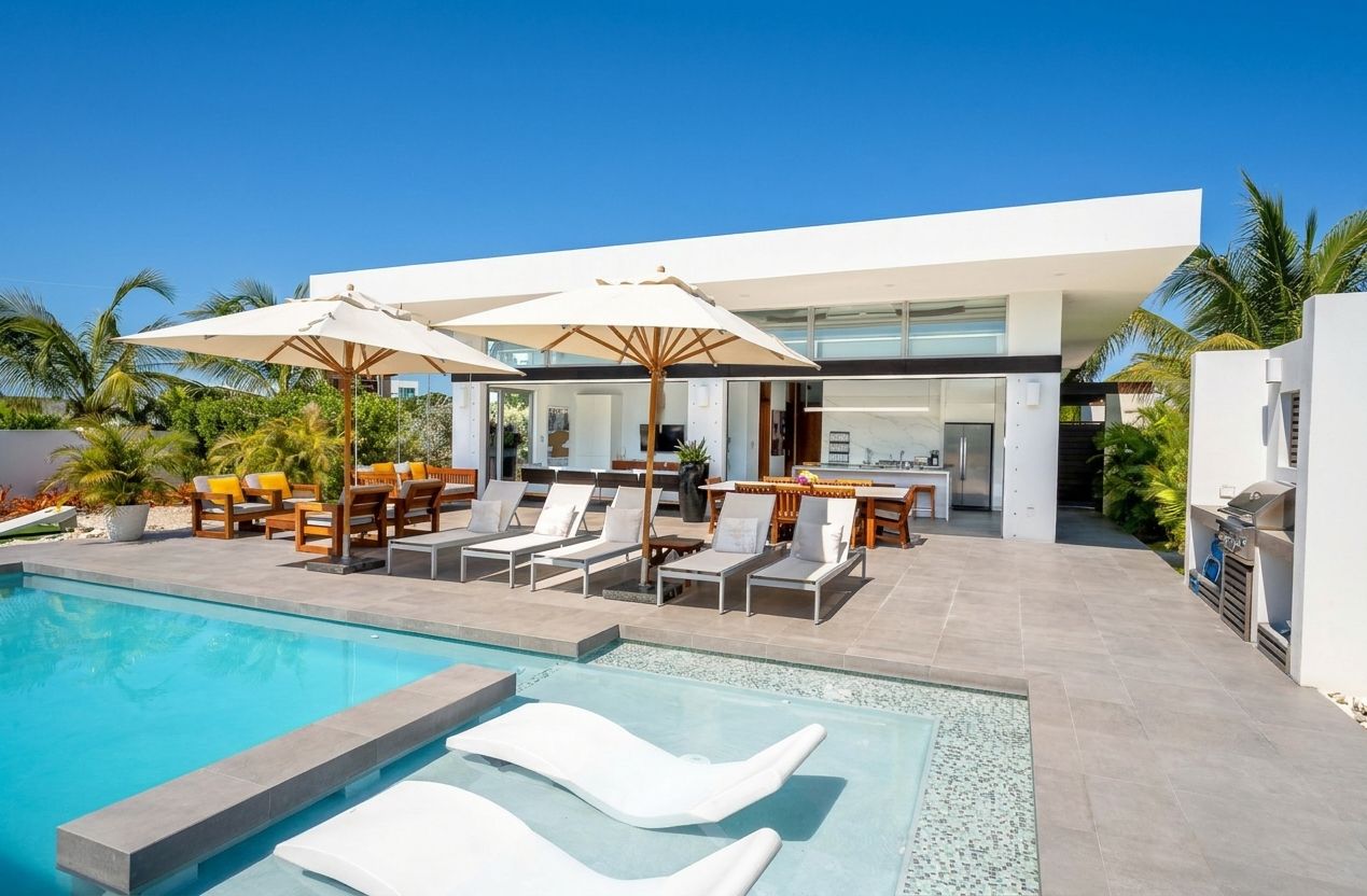 Villa 10 at White Villas: private pool with in-water loungers and outdoor dining terrace