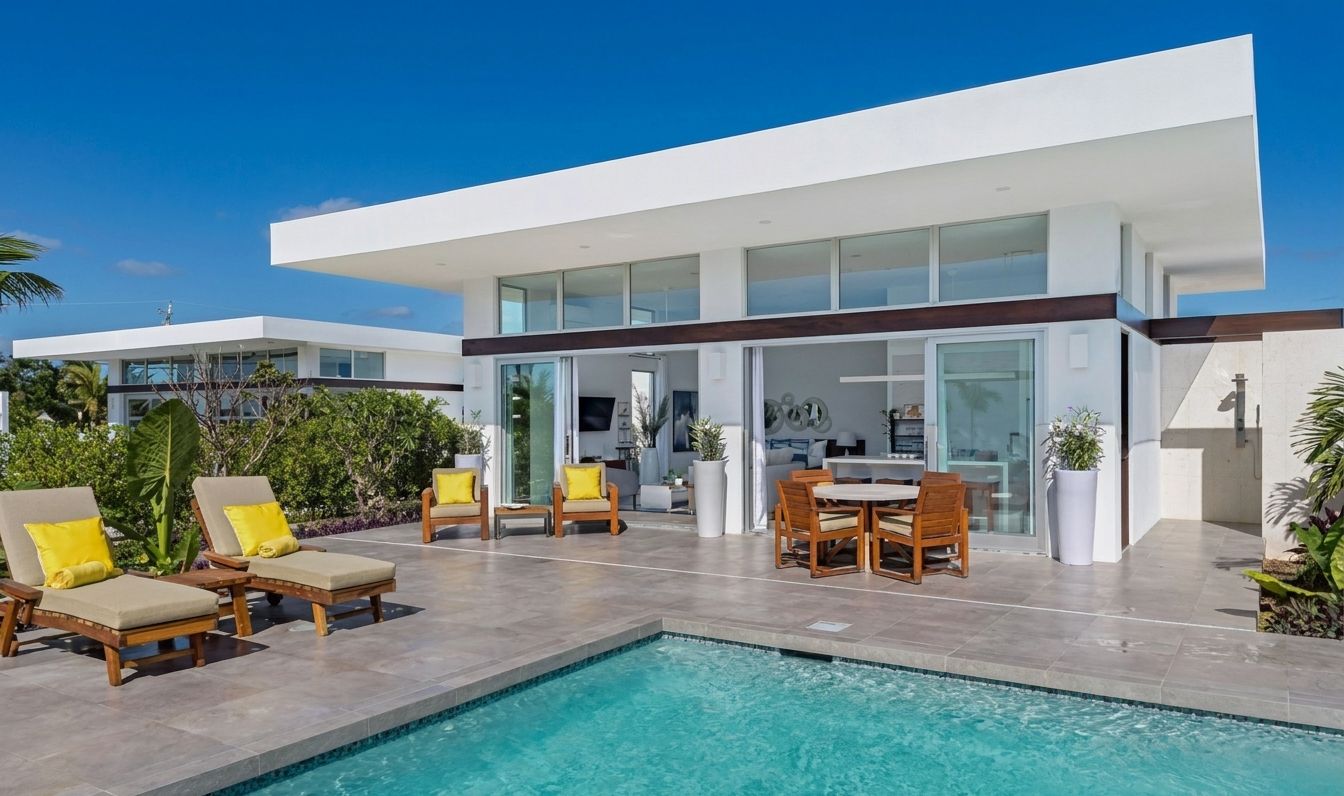 Romantic Villa for 1 Couple at White Villas: studio terrace with loungers by the heated pool