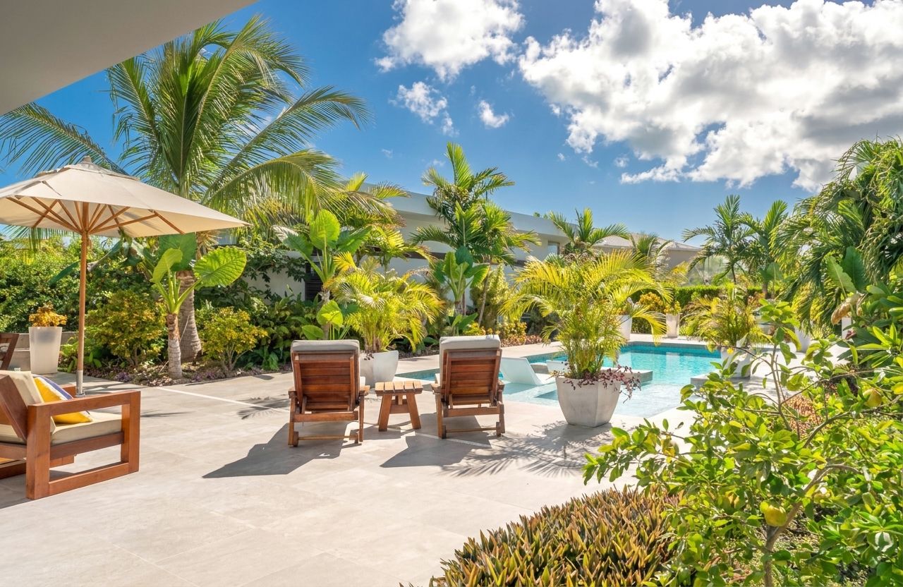 Pool terrace among palm trees at White Villas, a short walk from Long Bay Beach