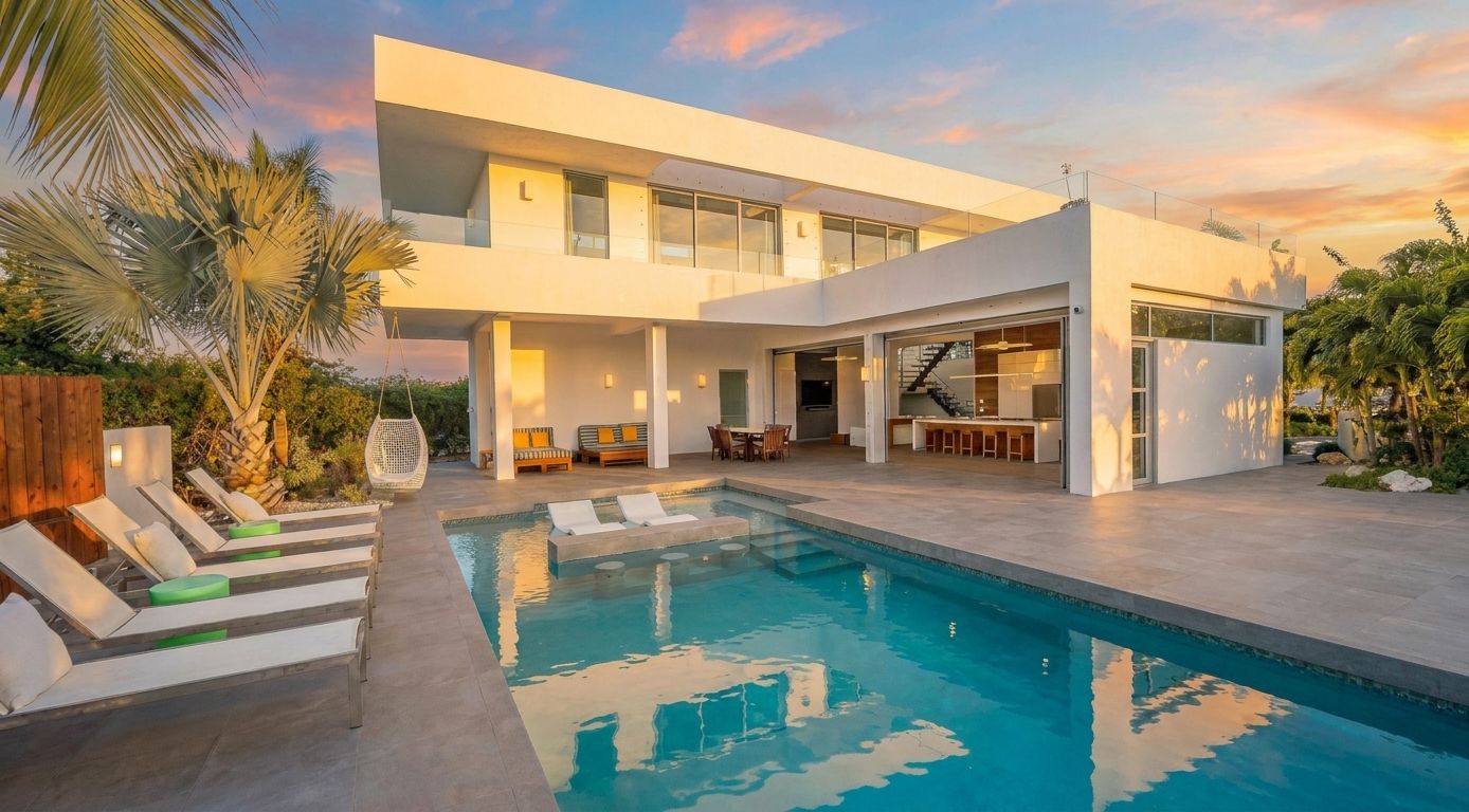 Villa 12 at White Villas: two-story villa and private pool at sunset