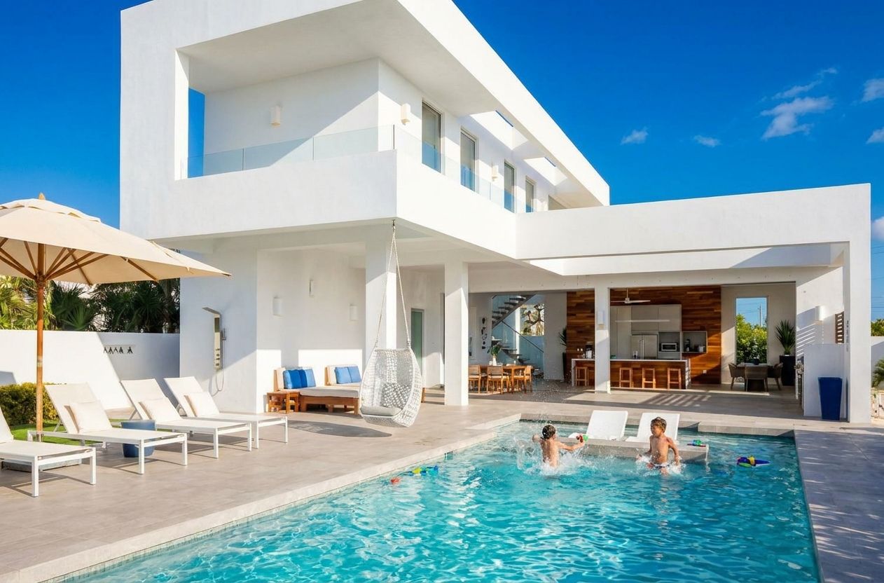 Villa 13 at White Villas: private pool and terrace with upstairs ocean-view bedrooms